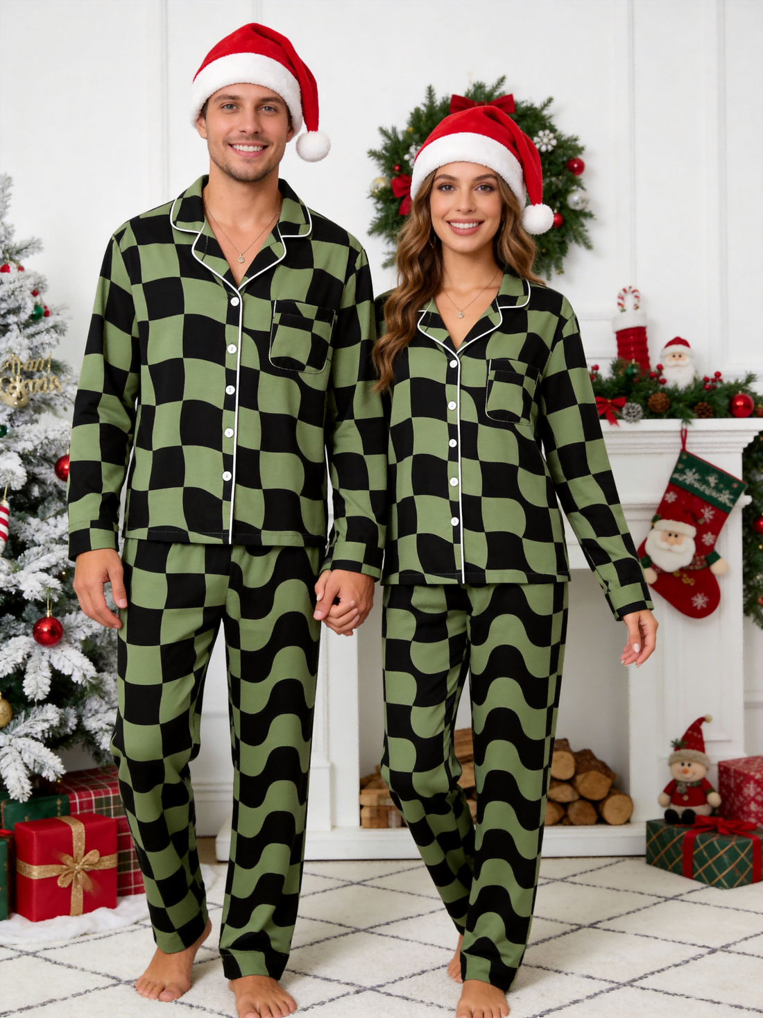 Matching Family Pajamas - Black & Sage Green Wavy Checkerboard Button-Down Sleep Set