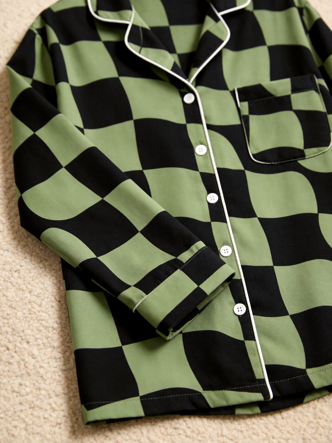Matching Couple Pajamas - Black & Sage Green Wavy Checkerboard Button-Down Sleep Set