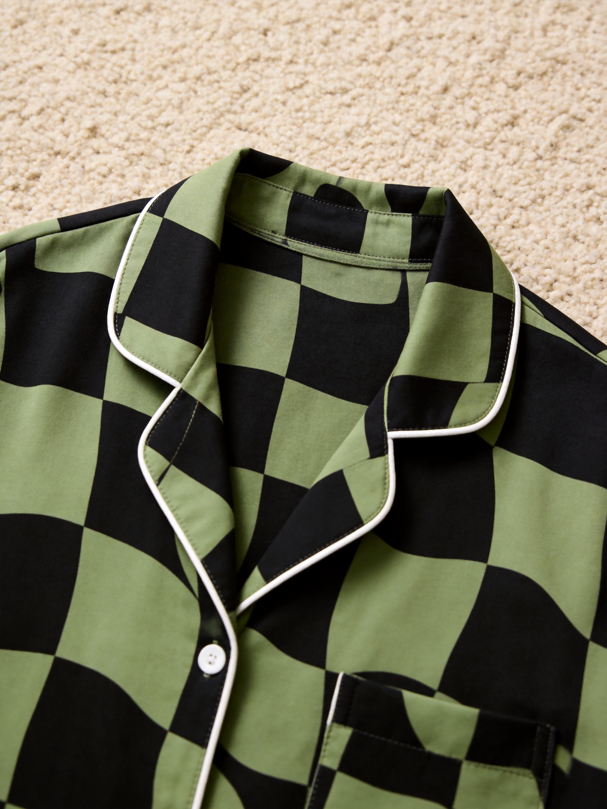 Matching Couple Pajamas - Black & Sage Green Wavy Checkerboard Button-Down Sleep Set