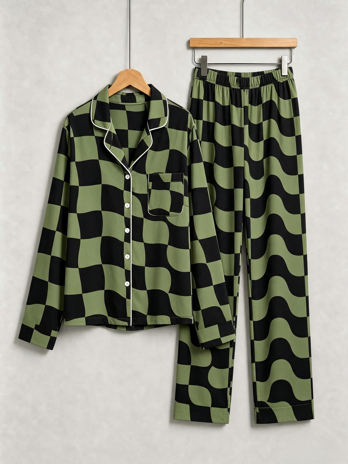 Matching Family Pajamas - Black & Sage Green Wavy Checkerboard Button-Down Sleep Set