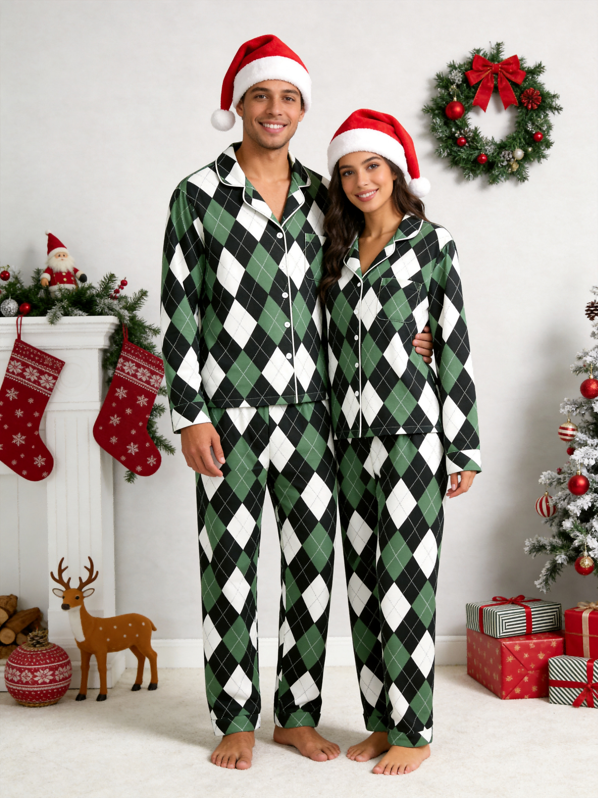 Matching Family Christmas Pajamas - Black, Green & White Argyle Diamond Plaid Set