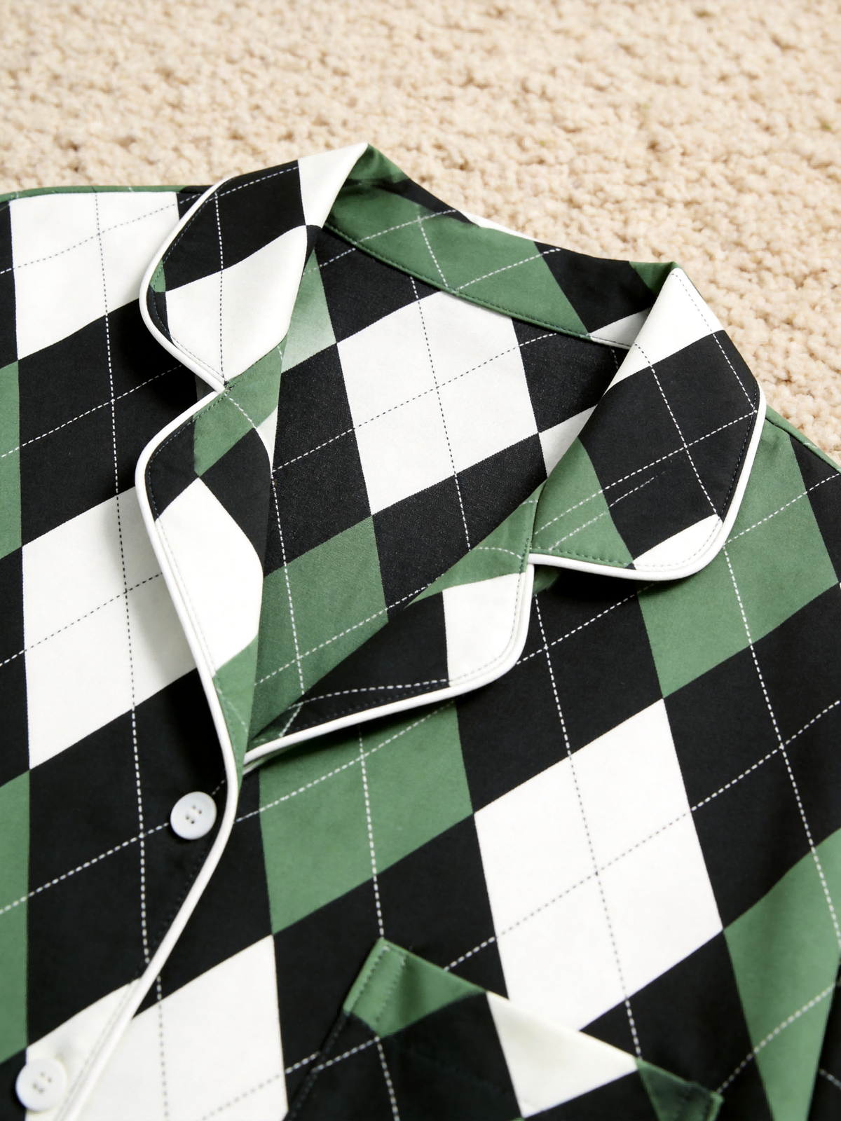 Matching Couple Christmas Pajamas - Black, Green & White Argyle Diamond Plaid Set