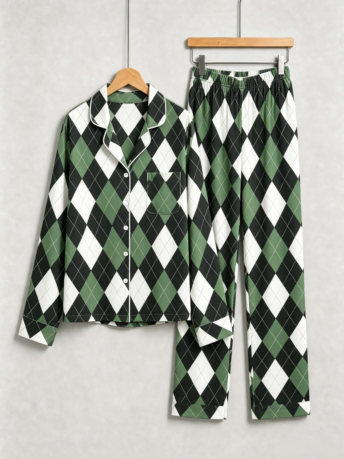Matching Couple Christmas Pajamas - Black, Green & White Argyle Diamond Plaid Set