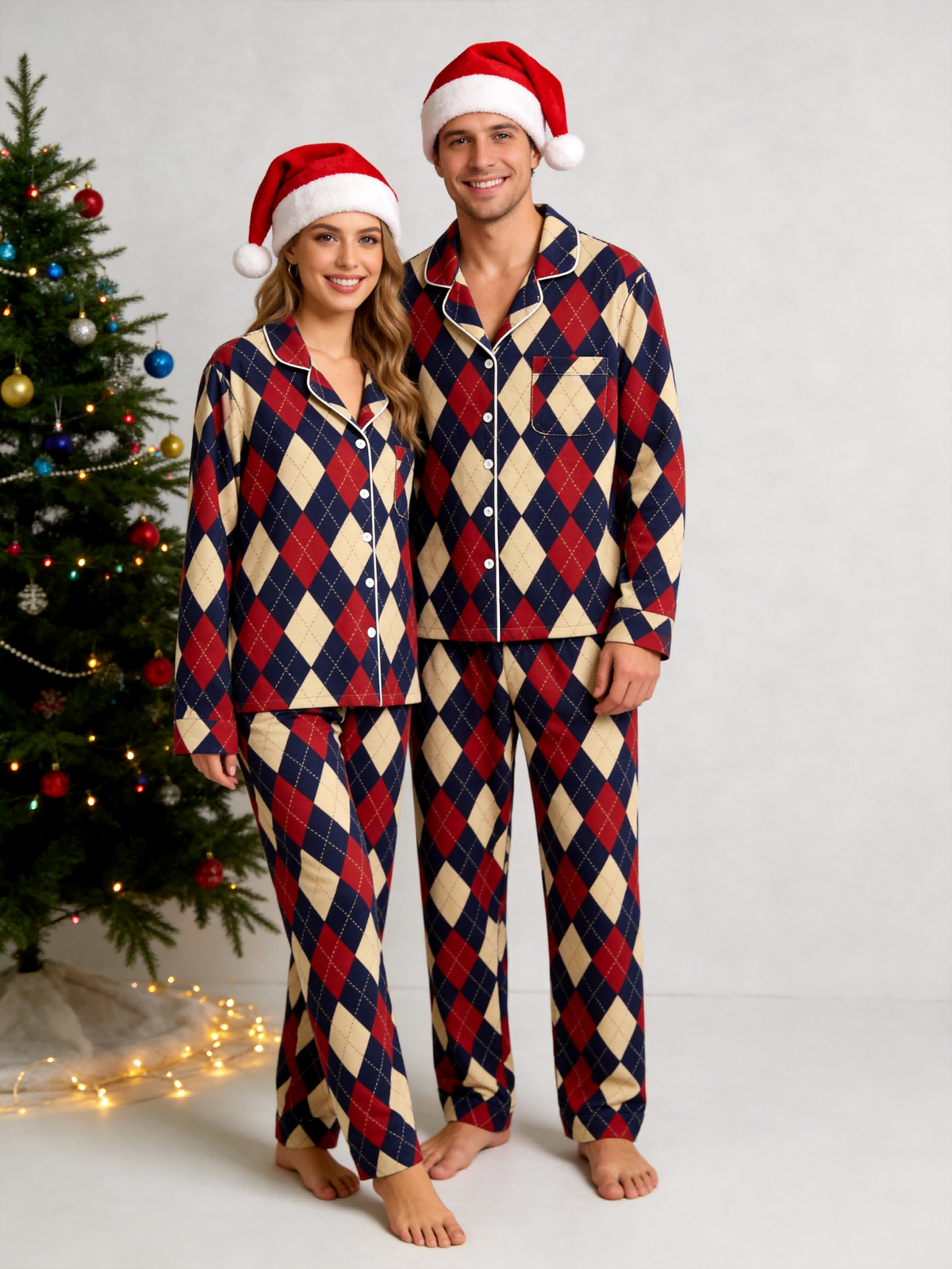 Matching Family Pajamas - Red, Navy Blue & Beige Argyle Diamond Plaid Sleep Set