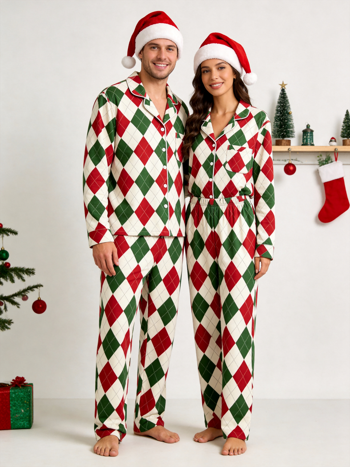 Matching Family Christmas Pajamas - Red, Green & White Argyle Diamond Plaid Sleep Set