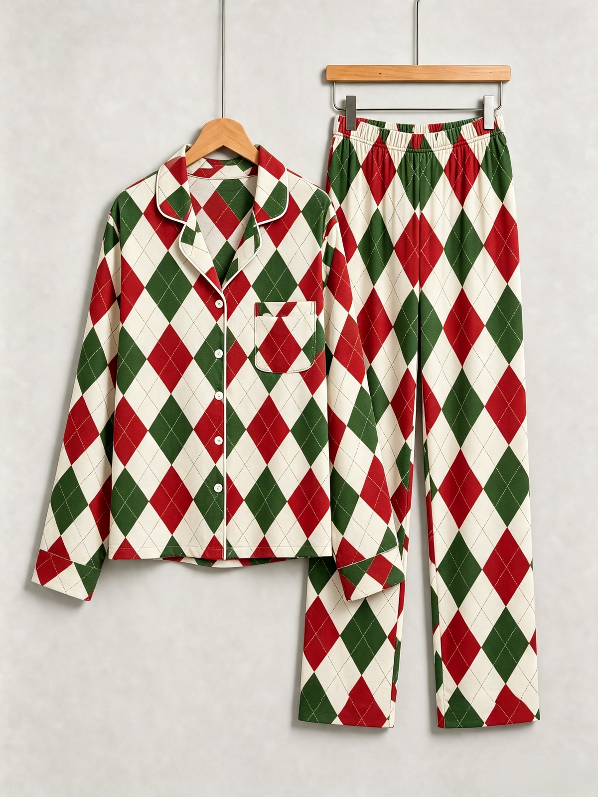 Matching Couple Christmas Pajamas - Red, Green & White Argyle Diamond Plaid Sleep Set