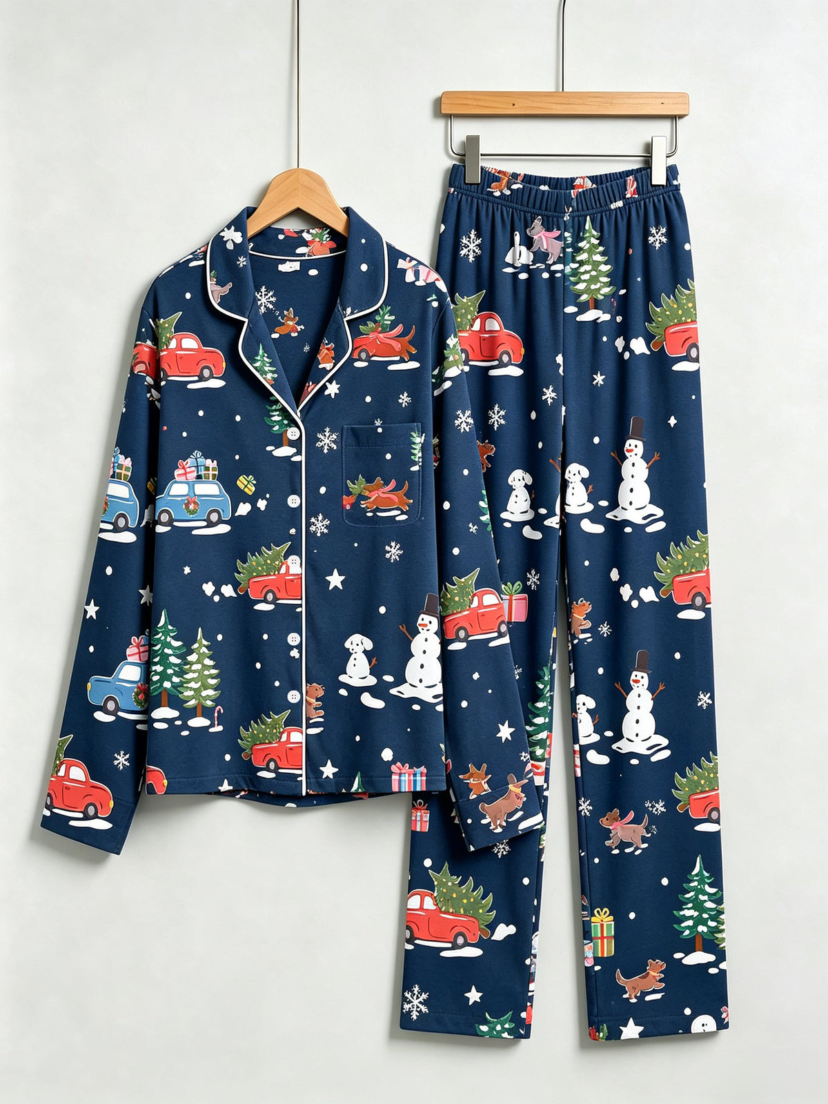 Matching Couple Christmas Pajamas - Navy Blue Holiday Car & Snowman Print Button-Down PJs