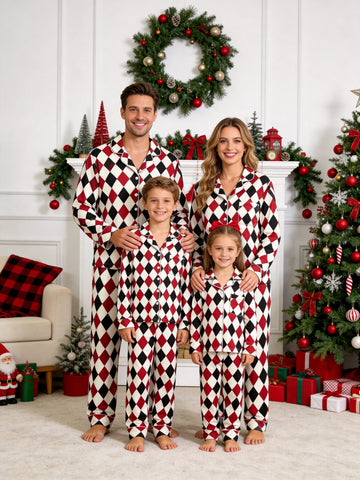 Matching Family Christmas Pajamas - Red, Black & Beige Argyle Diamond Plaid Set
