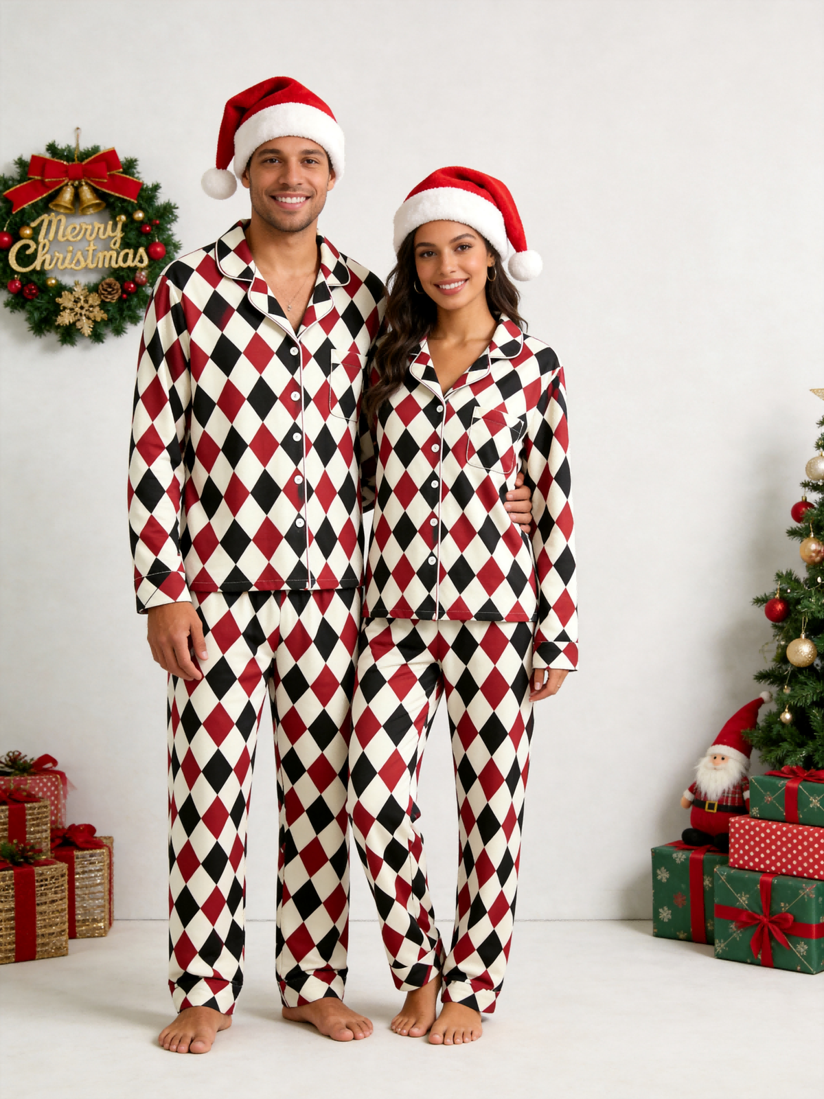Matching Family Christmas Pajamas - Red, Black & Beige Argyle Diamond Plaid Set