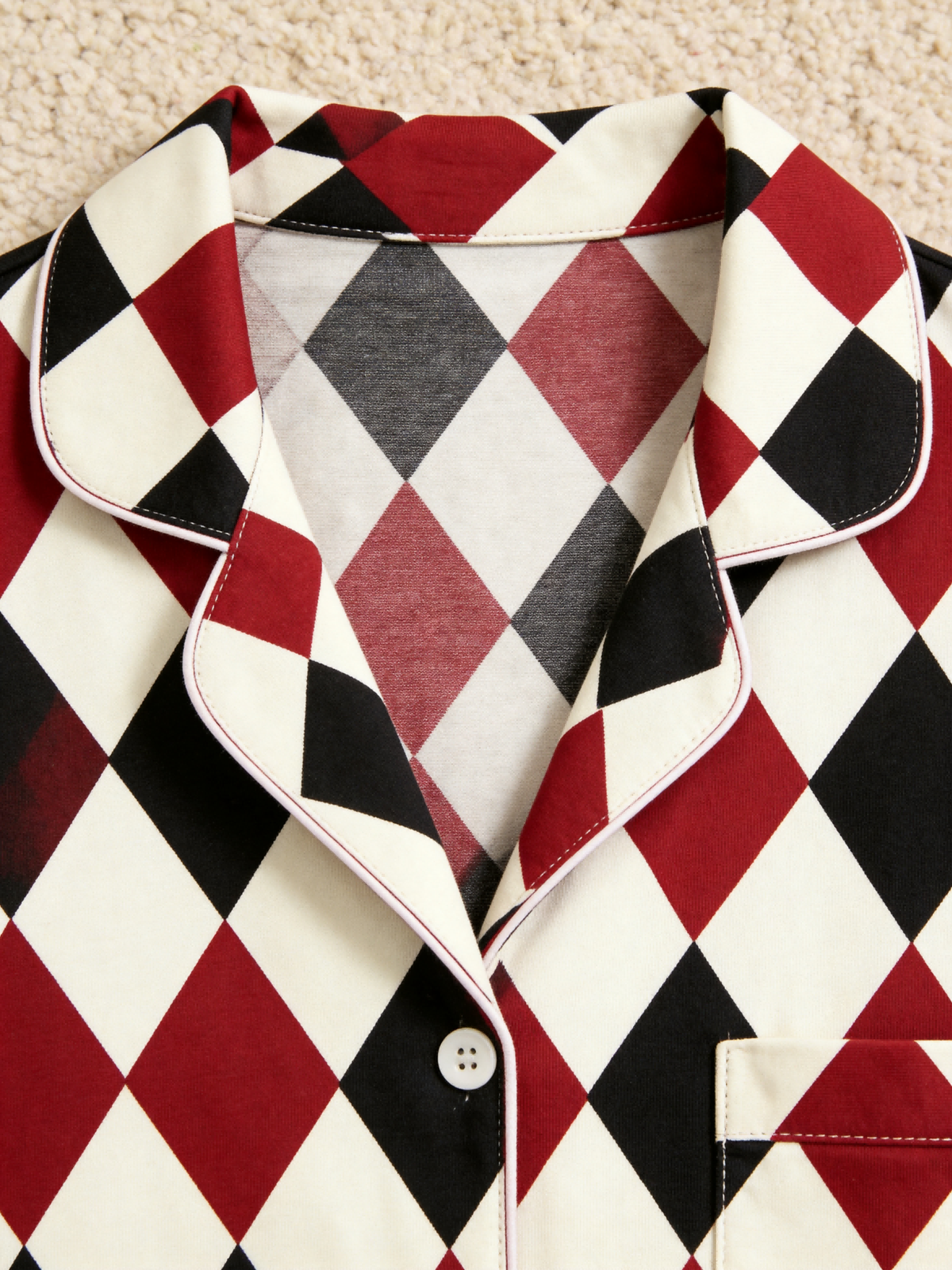 Matching Couple Christmas Pajamas - Red, Black & Beige Argyle Diamond Plaid Set