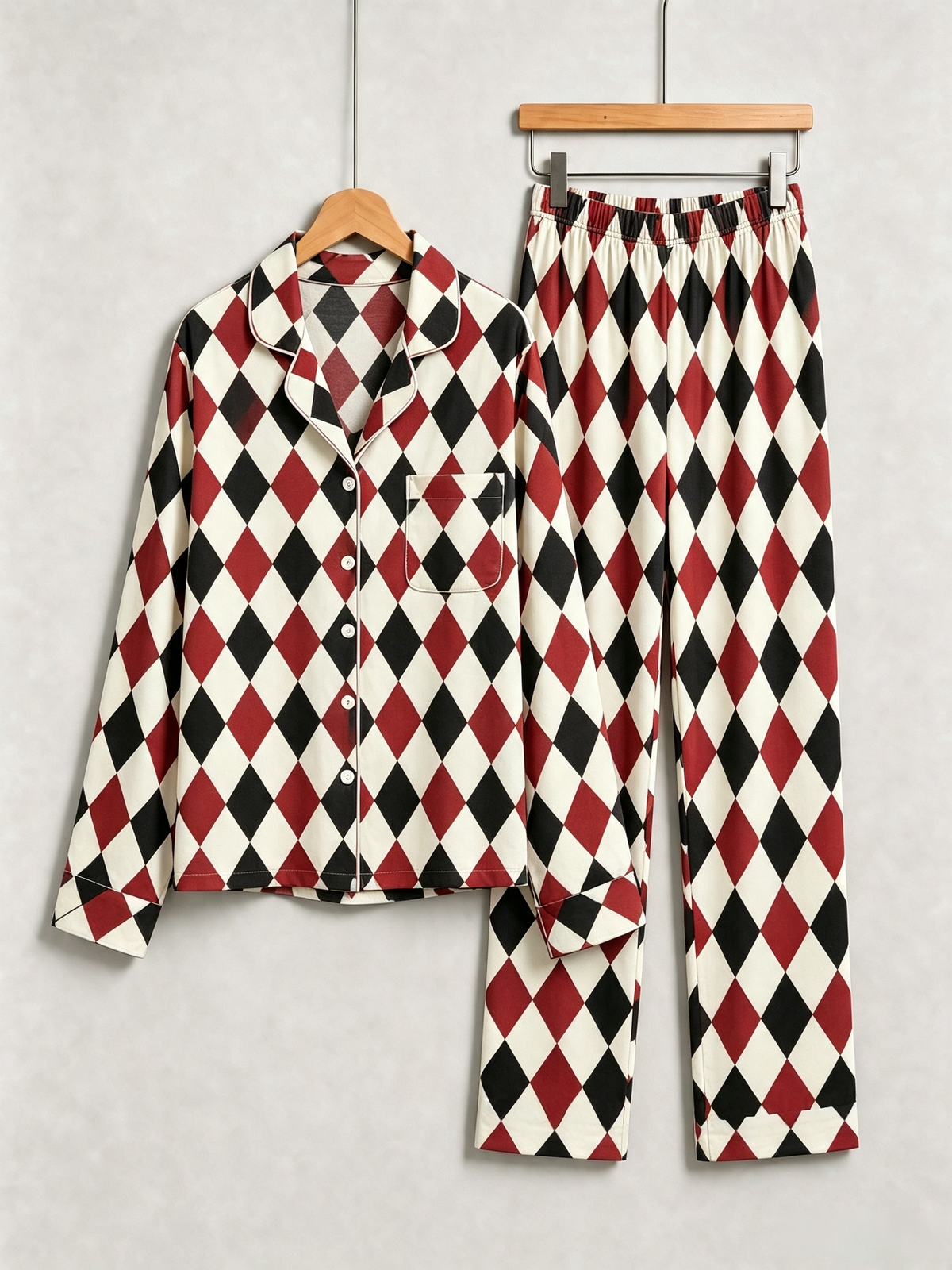 Matching Couple Christmas Pajamas - Red, Black & Beige Argyle Diamond Plaid Set