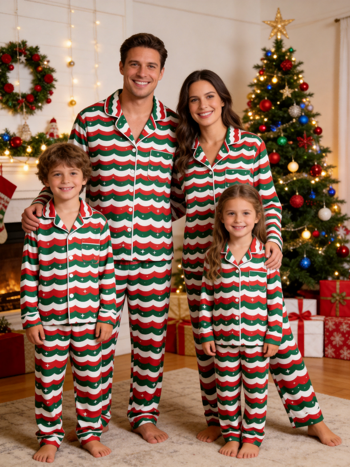 Matching Family Pajamas - Red & Green Wavy Stripe Starry Night Button up Pajamas