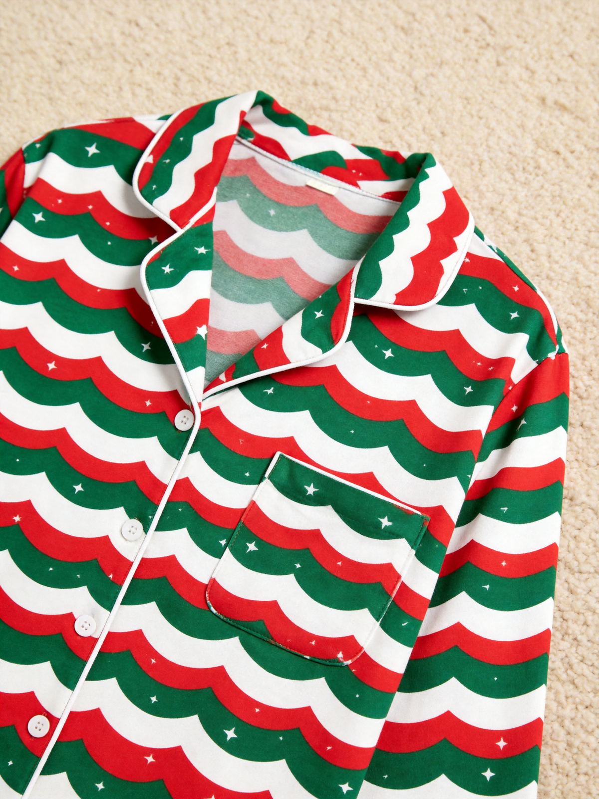 Matching Family Pajamas - Red & Green Wavy Stripe Starry Night Button up Pajamas