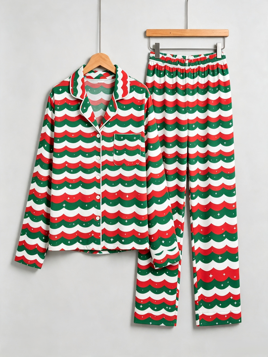 Matching Couple Pajamas - Red & Green Wavy Stripe Starry Night Button up Pajamas