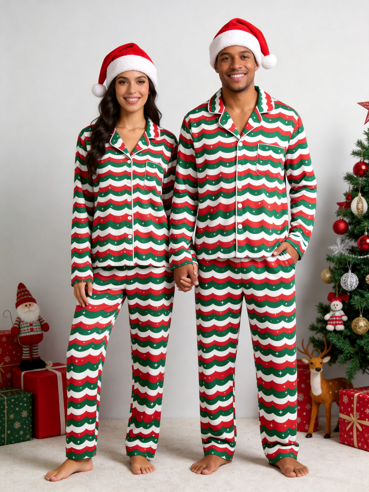 Matching Family Pajamas - Red & Green Wavy Stripe Starry Night Button up Pajamas