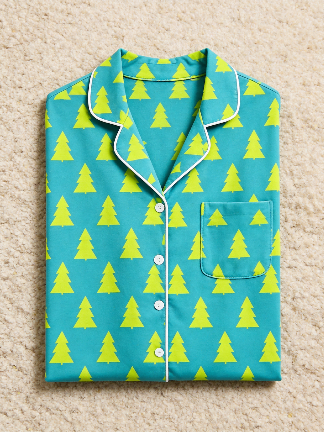 Matching Couple Pajamas - Teal Blue Neon Yellow Christmas Tree Print Button up Pajamas