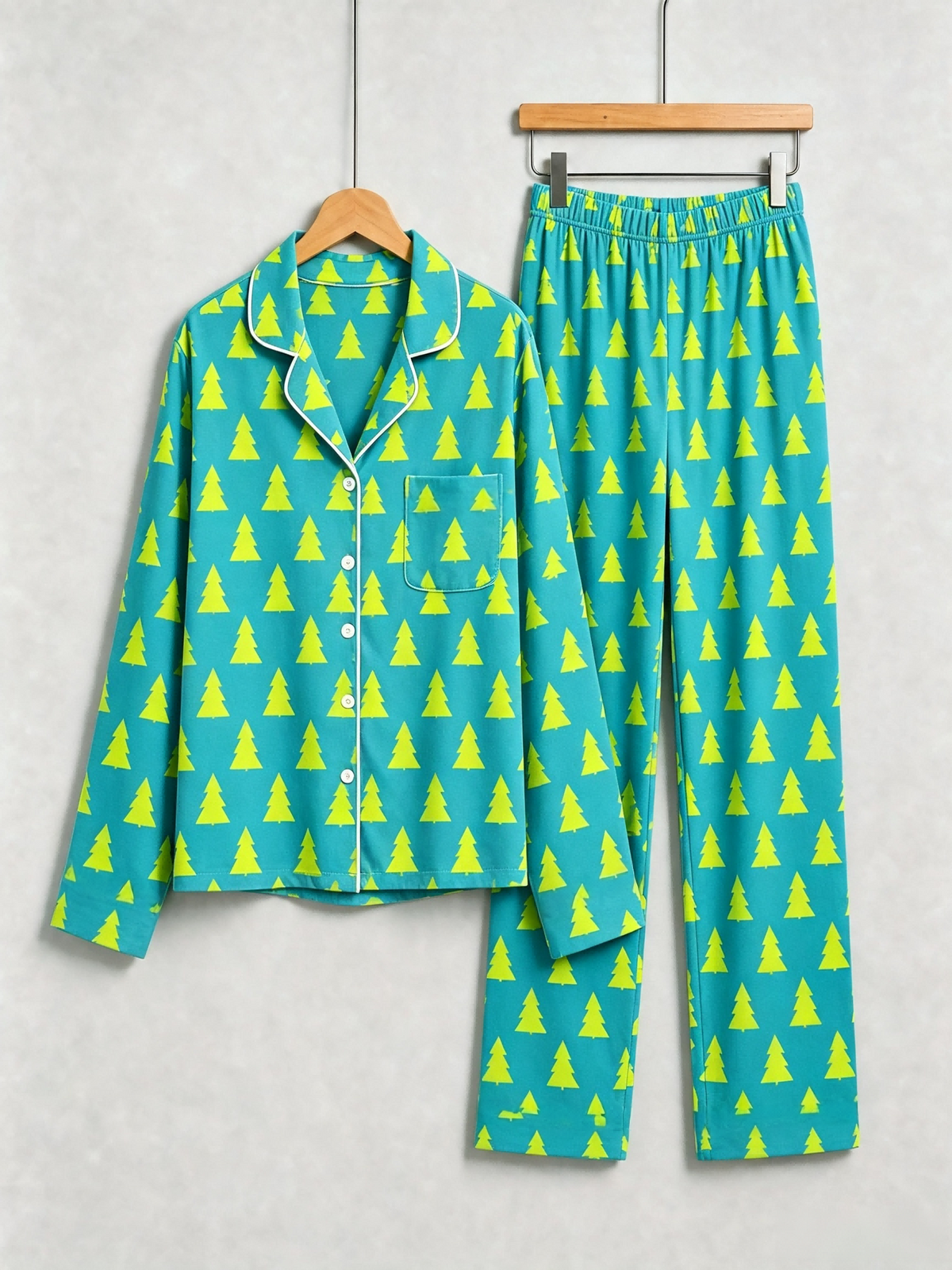 Matching Couple Pajamas - Teal Blue Neon Yellow Christmas Tree Print Button up Pajamas