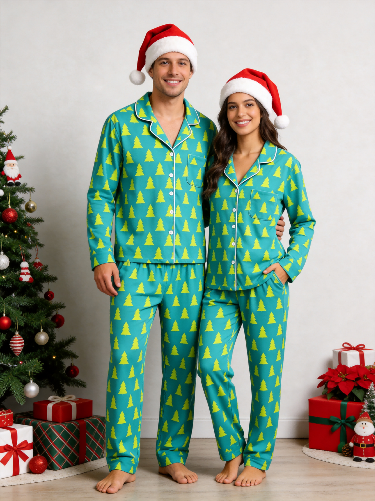 Matching Family Pajamas - Teal Blue Neon Yellow Christmas Tree Print Button up Pajamas