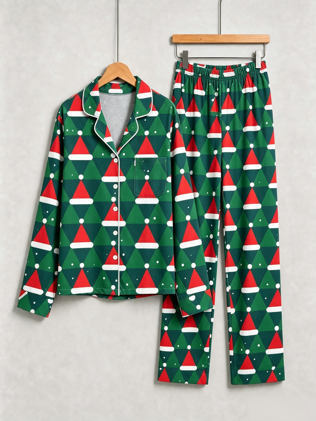Matching Family Pajamas - Green & Red Santa Hat Geometric Print Button up Pajamas