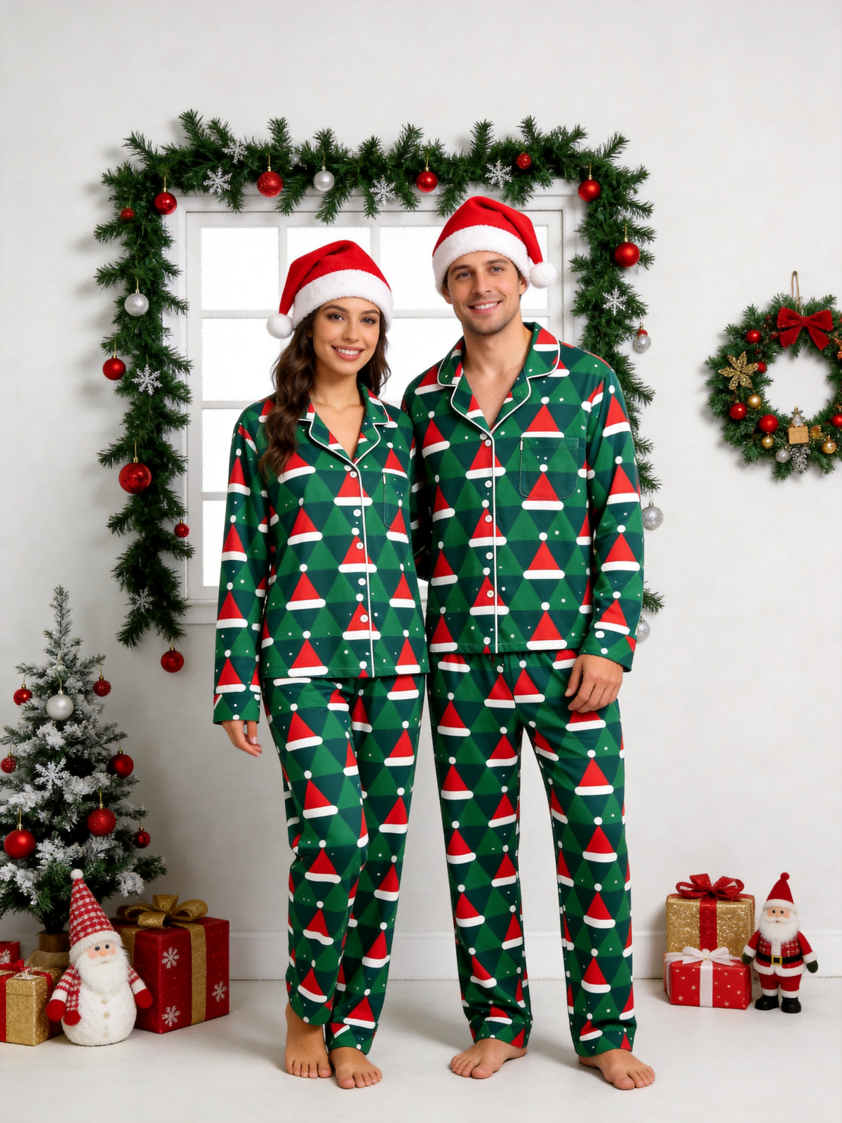Matching Family Pajamas - Green & Red Santa Hat Geometric Print Button up Pajamas