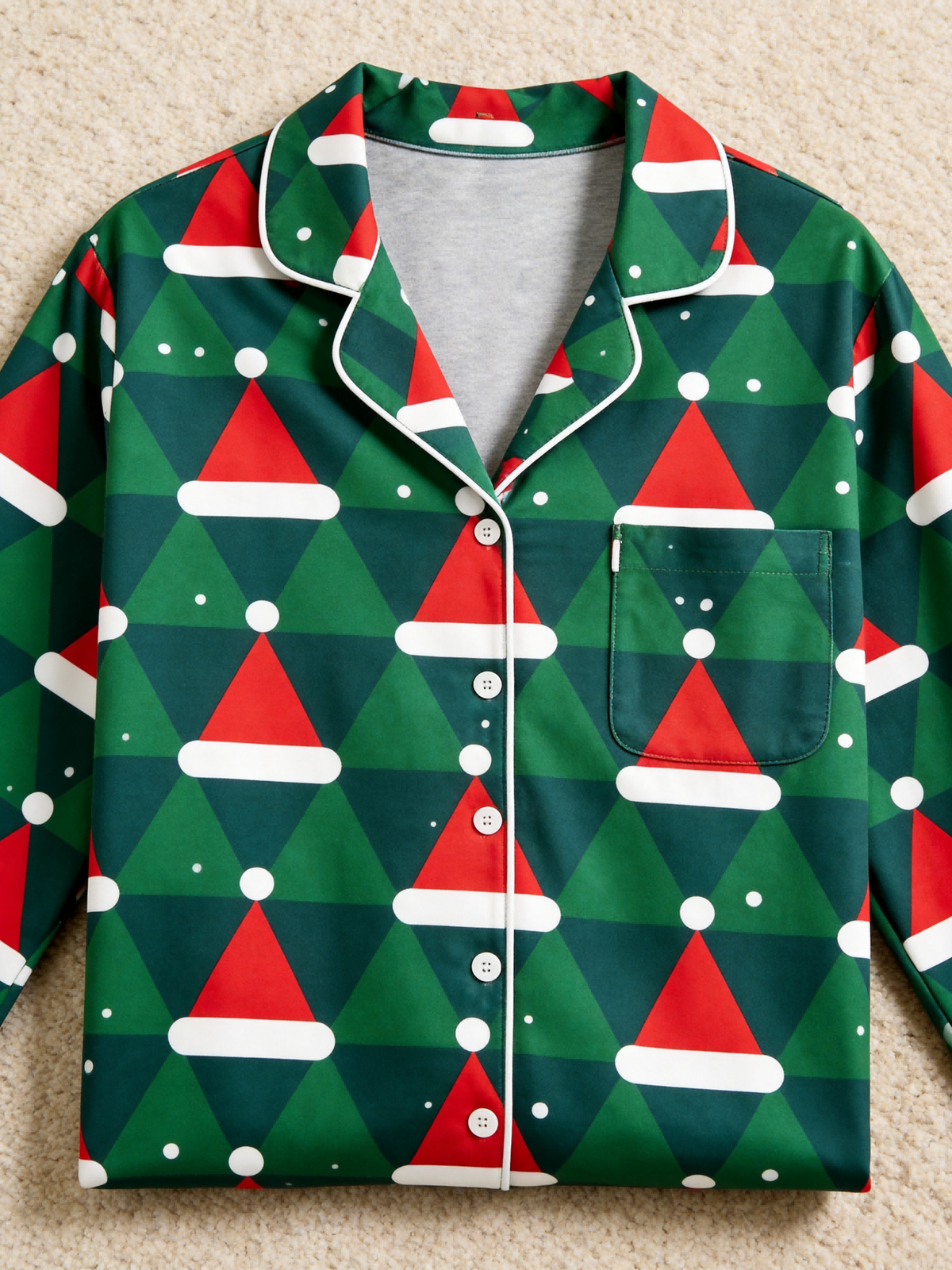 Matching Family Pajamas - Green & Red Santa Hat Geometric Print Button up Pajamas