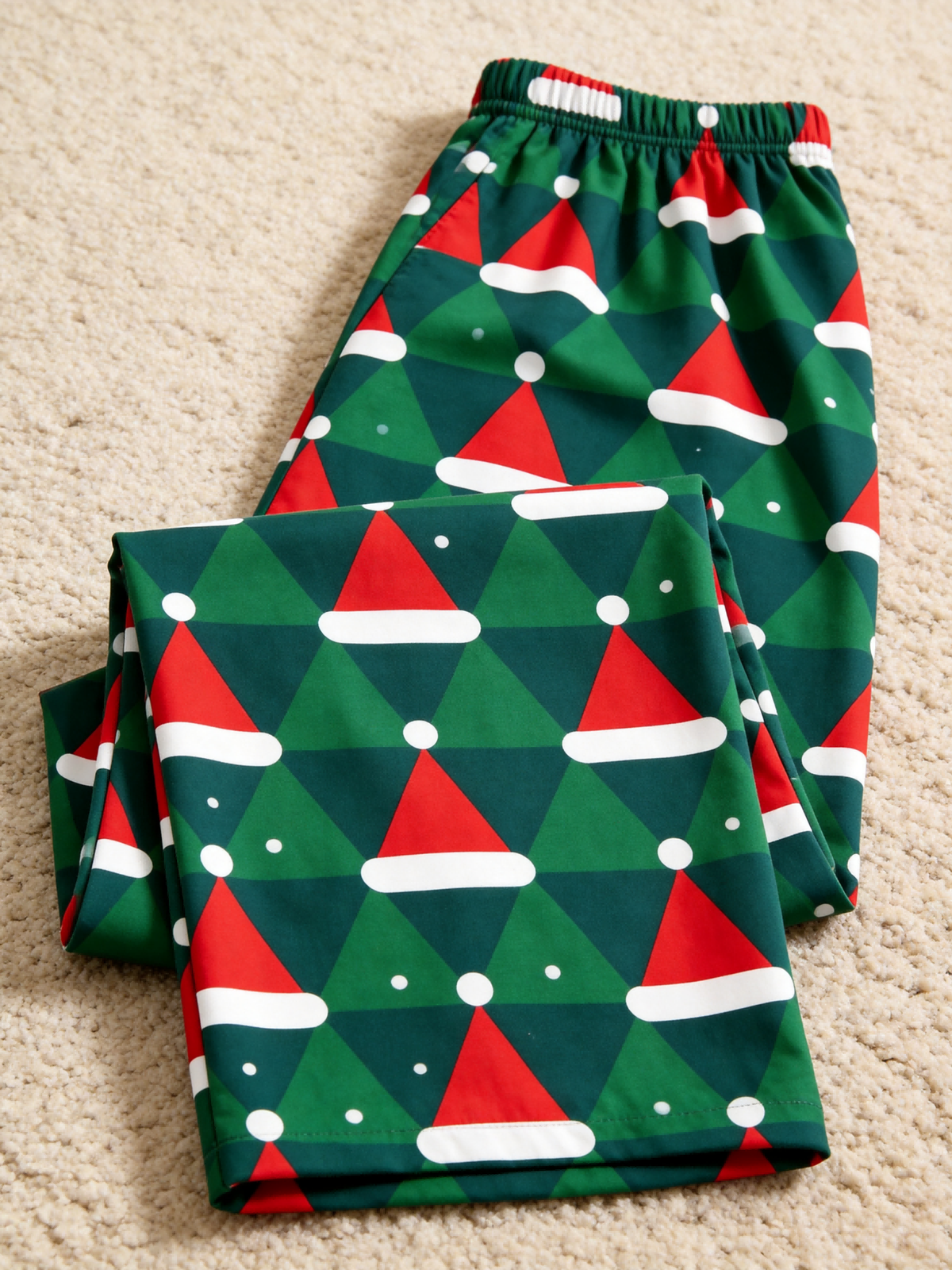 Matching Family Pajamas - Green & Red Santa Hat Geometric Print Button up Pajamas