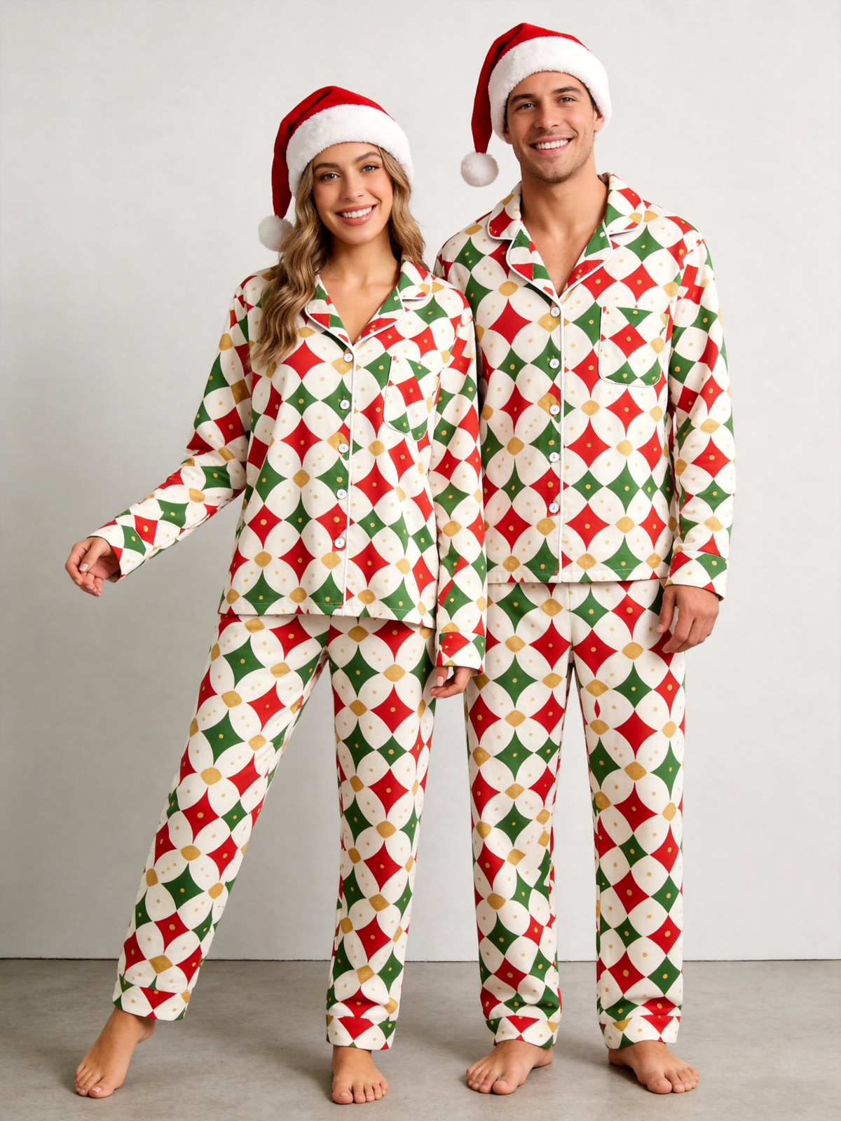 Matching Family Pajamas - Off-White Red Green Gold-Dotted Geometric Diamond Button up Pajamas