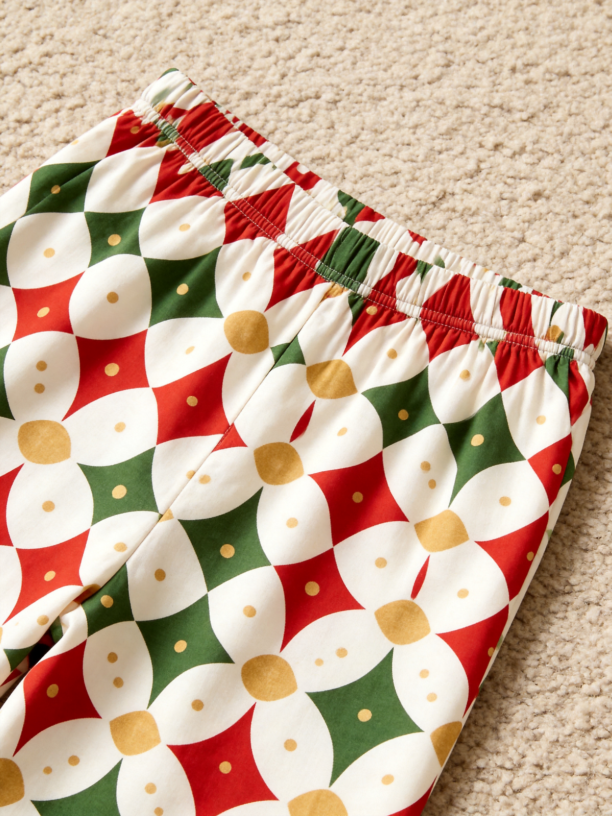 Matching Couple Pajamas - Off-White Red Green Gold-Dotted Geometric Diamond Button up Pajamas