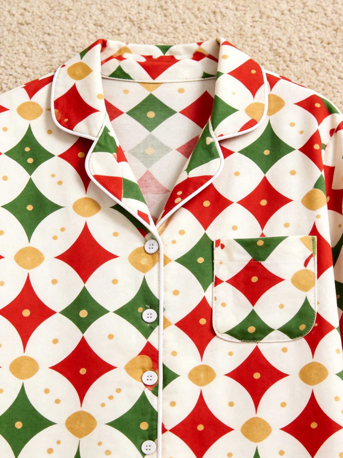 Matching Family Pajamas - Off-White Red Green Gold-Dotted Geometric Diamond Button up Pajamas