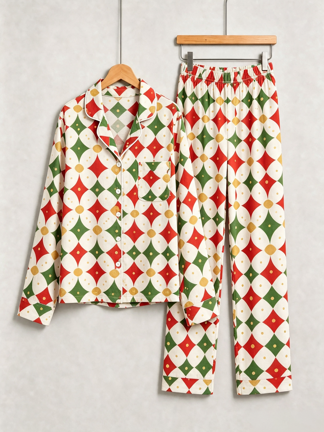 Matching Couple Pajamas - Off-White Red Green Gold-Dotted Geometric Diamond Button up Pajamas