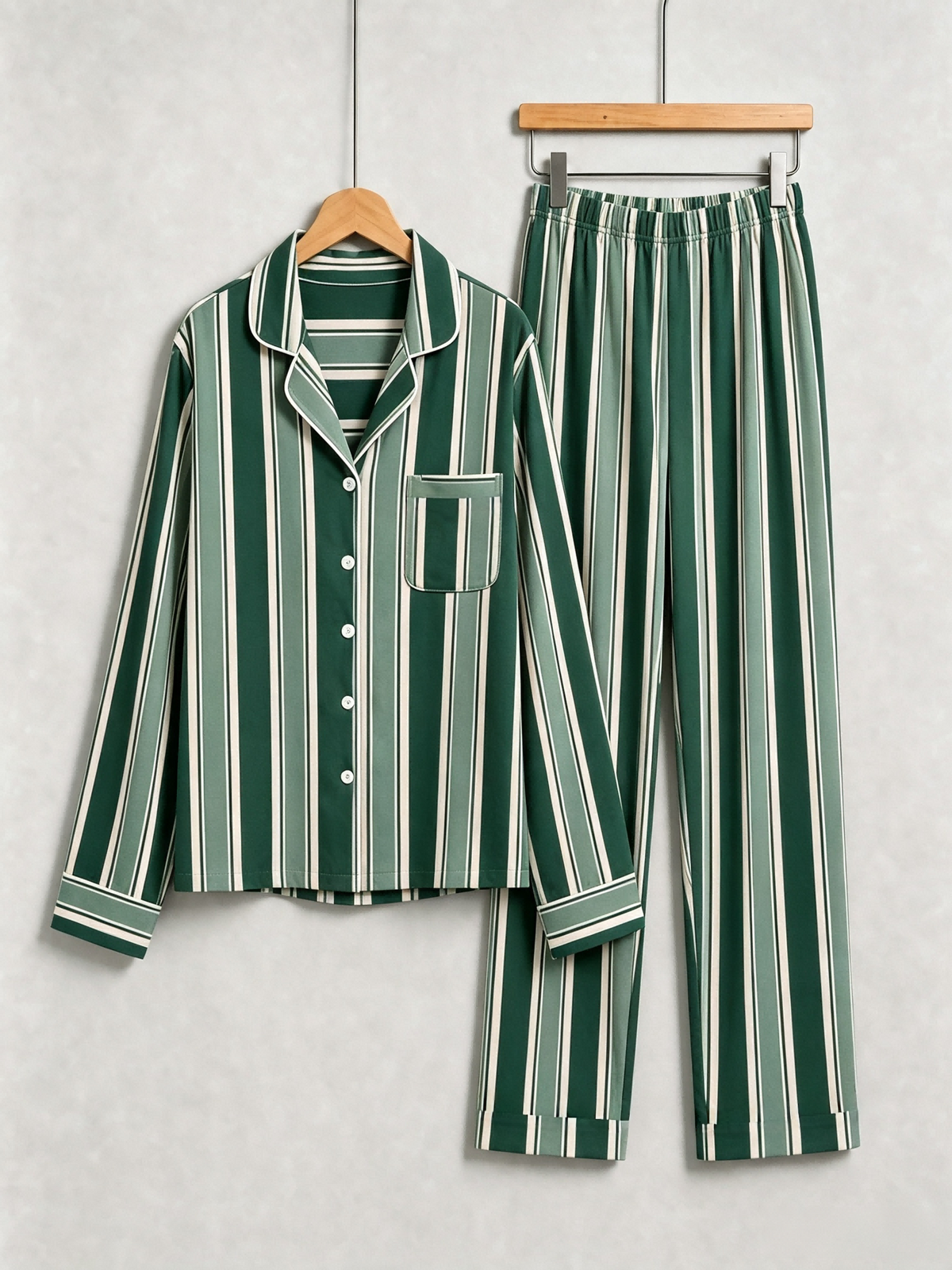 Matching Couple Pajamas - Emerald Green & Cream White Bold Striped Button up Pajamas