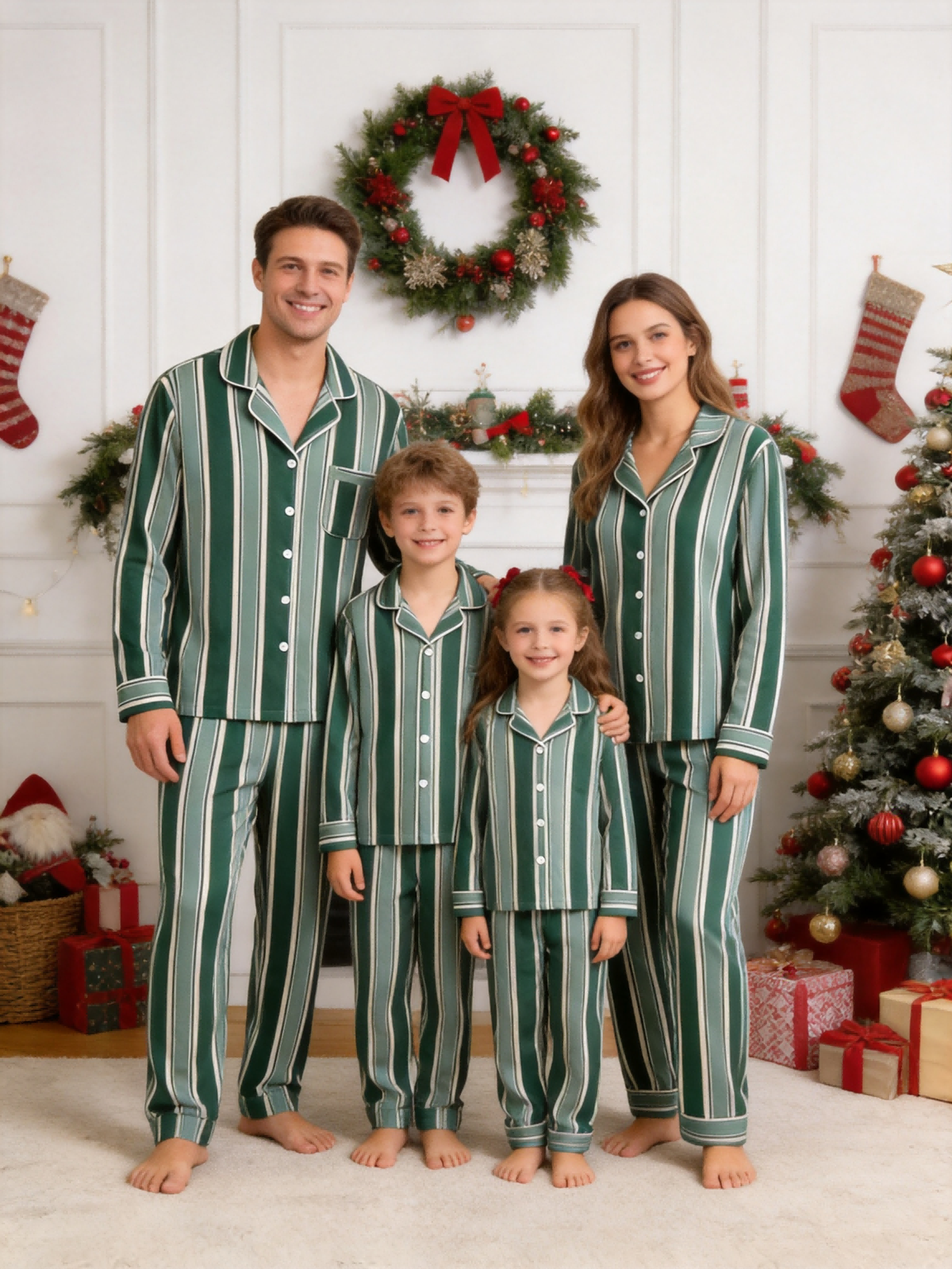 Matching Family Pajamas - Emerald Green & Cream White Bold Striped Button up Pajamas