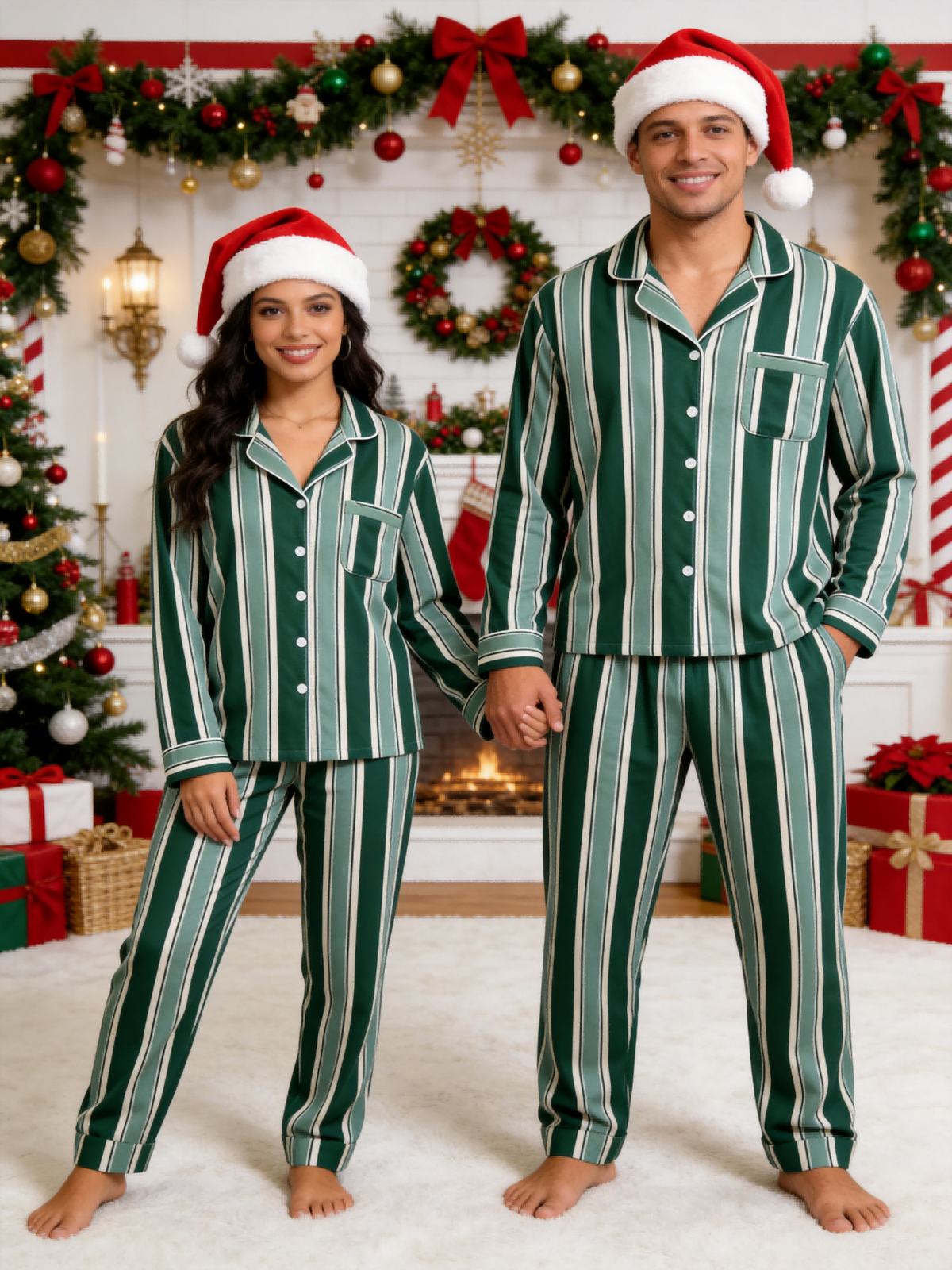 Matching Family Pajamas - Emerald Green & Cream White Bold Striped Button up Pajamas