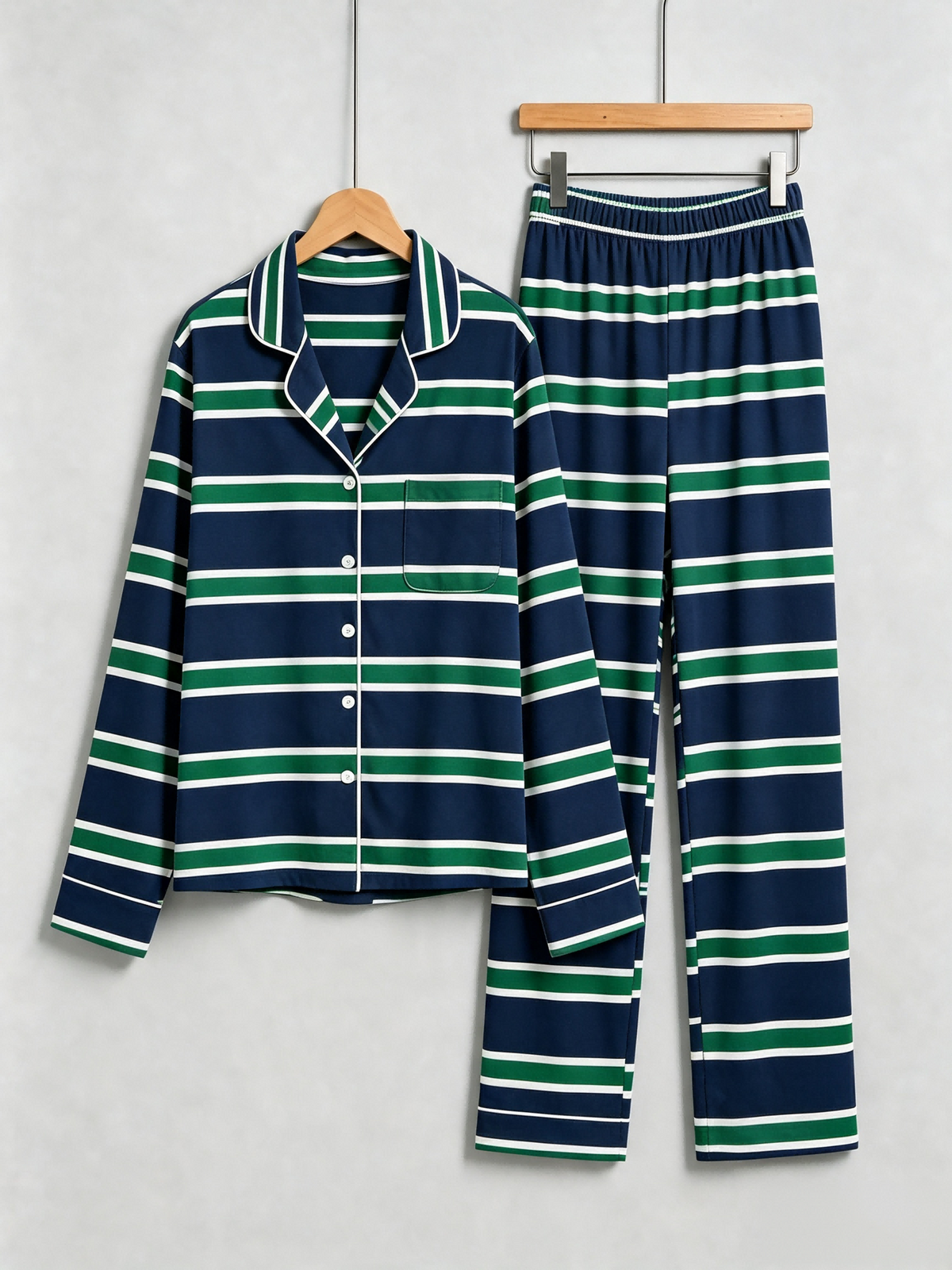 Matching Couple Pajamas - Navy Blue Green & White Horizontal Striped Button up Pajamas