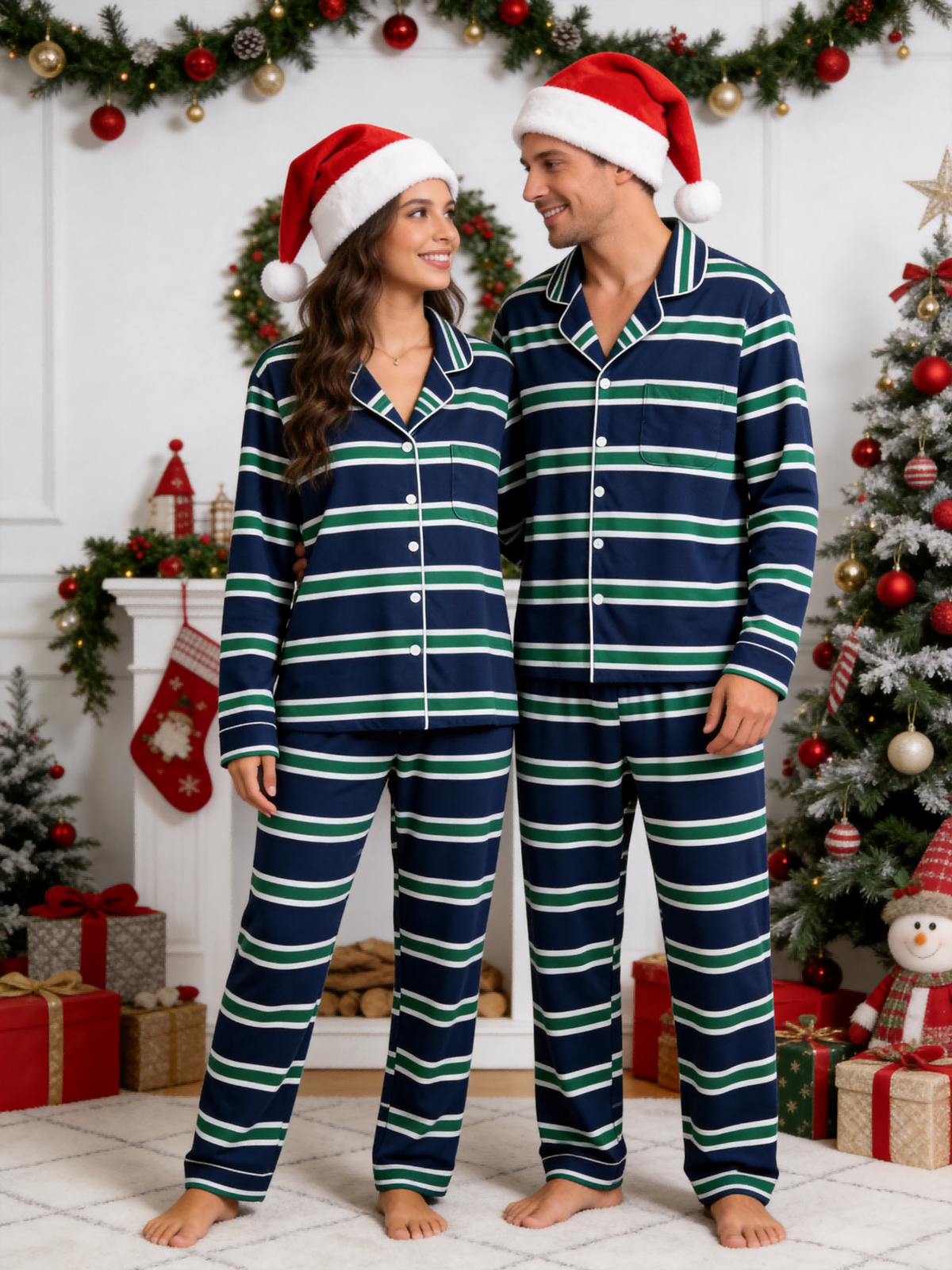 Matching Family Pajamas - Navy Blue Green & White Horizontal Striped Button up Pajamas