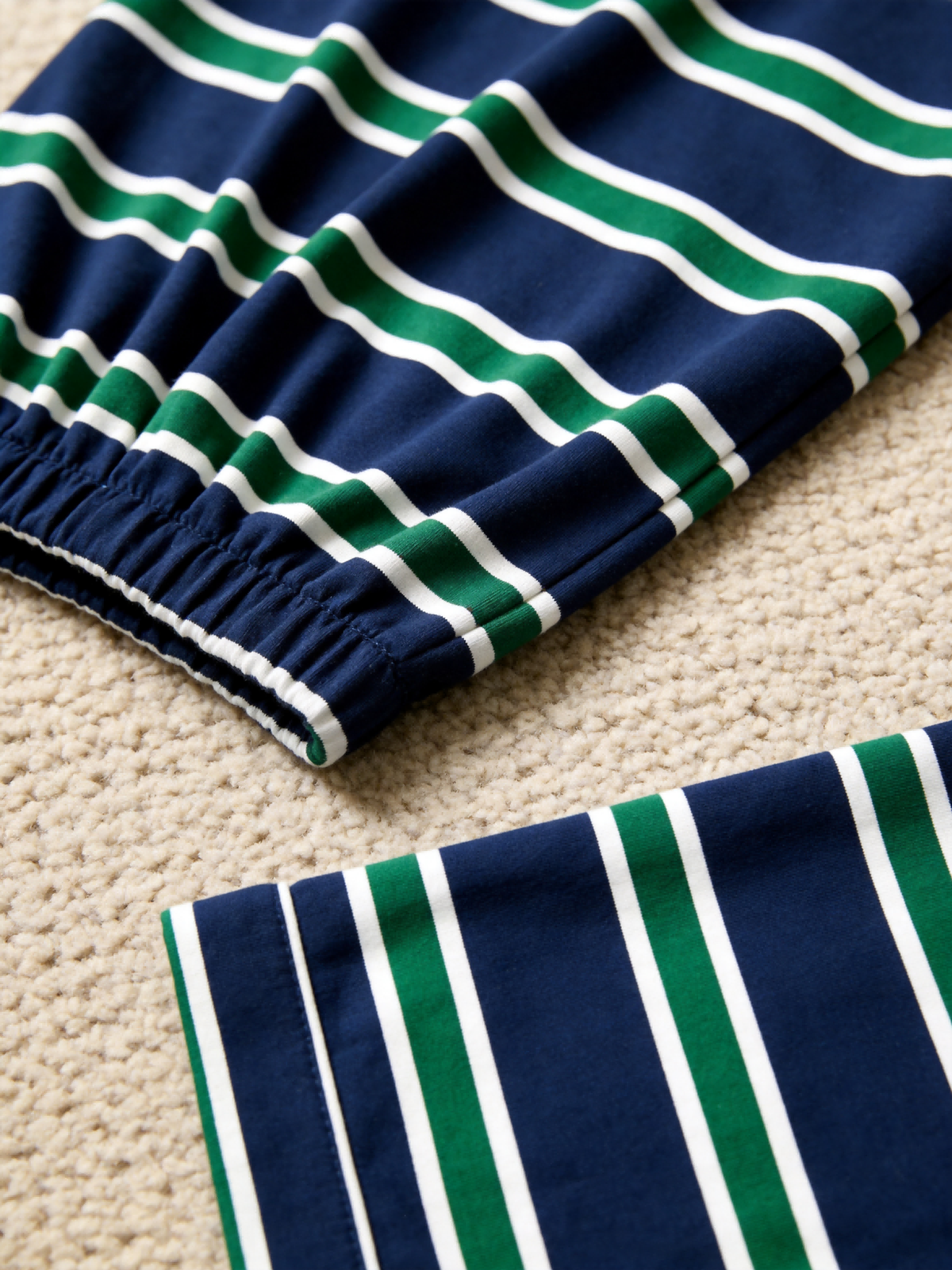 Matching Couple Pajamas - Navy Blue Green & White Horizontal Striped Button up Pajamas