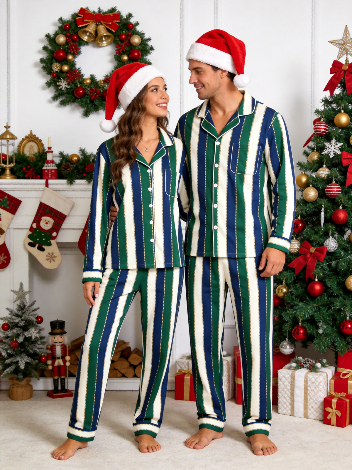 Matching Couple Pajamas - Navy Blue Forest Green Cream Striped Gold Line Button up Pajamas