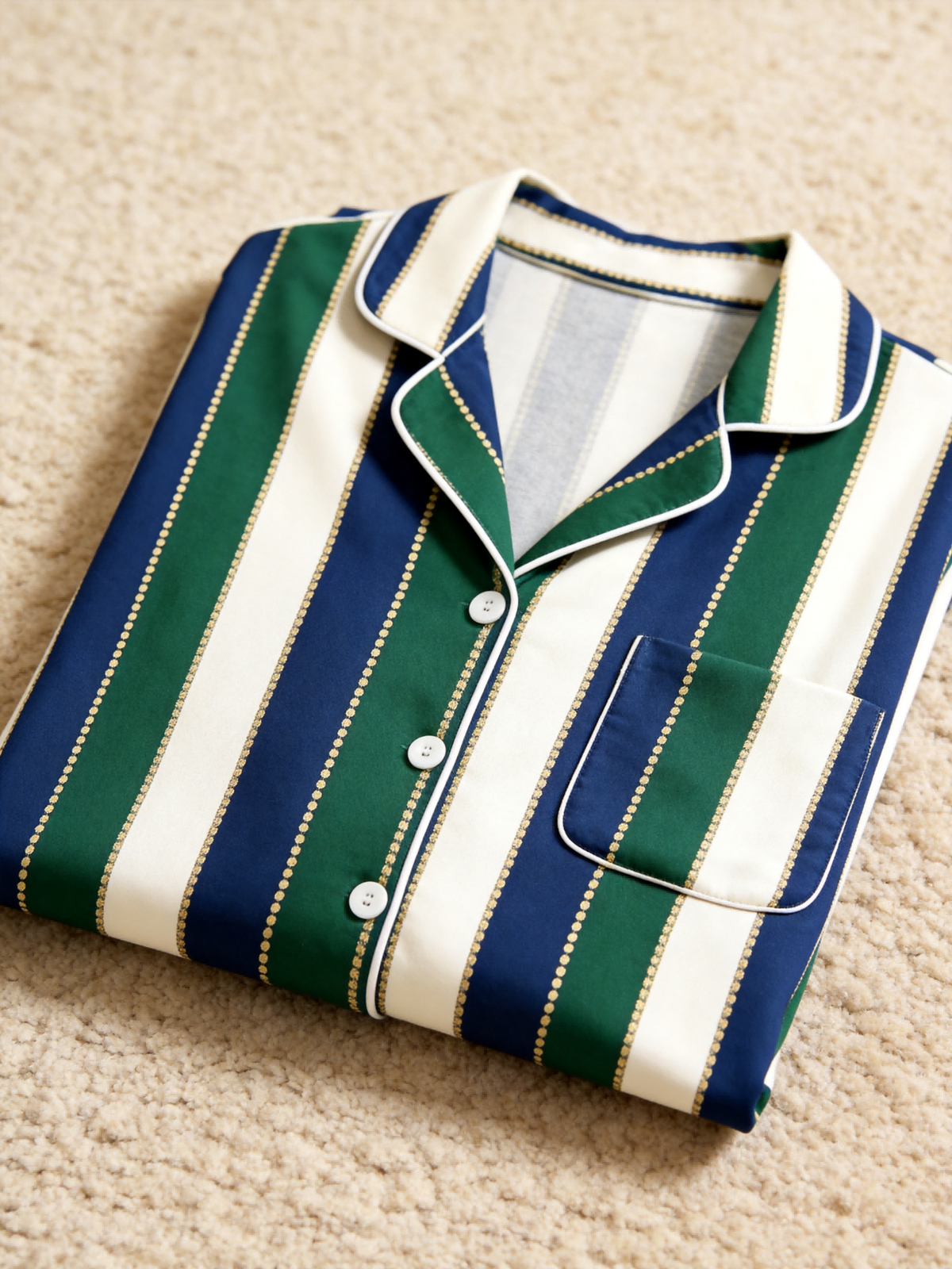 Matching Couple Pajamas - Navy Blue Forest Green Cream Striped Gold Line Button up Pajamas