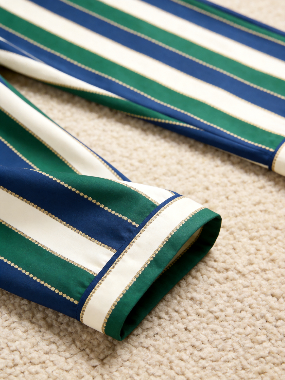 Matching Couple Pajamas - Navy Blue Forest Green Cream Striped Gold Line Button up Pajamas