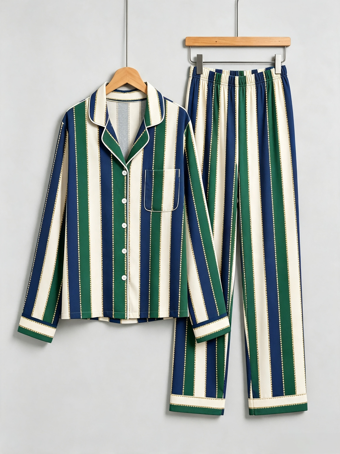 Matching Family Pajamas - Navy Blue Forest Green Cream Striped Gold Line Button up Pajamas