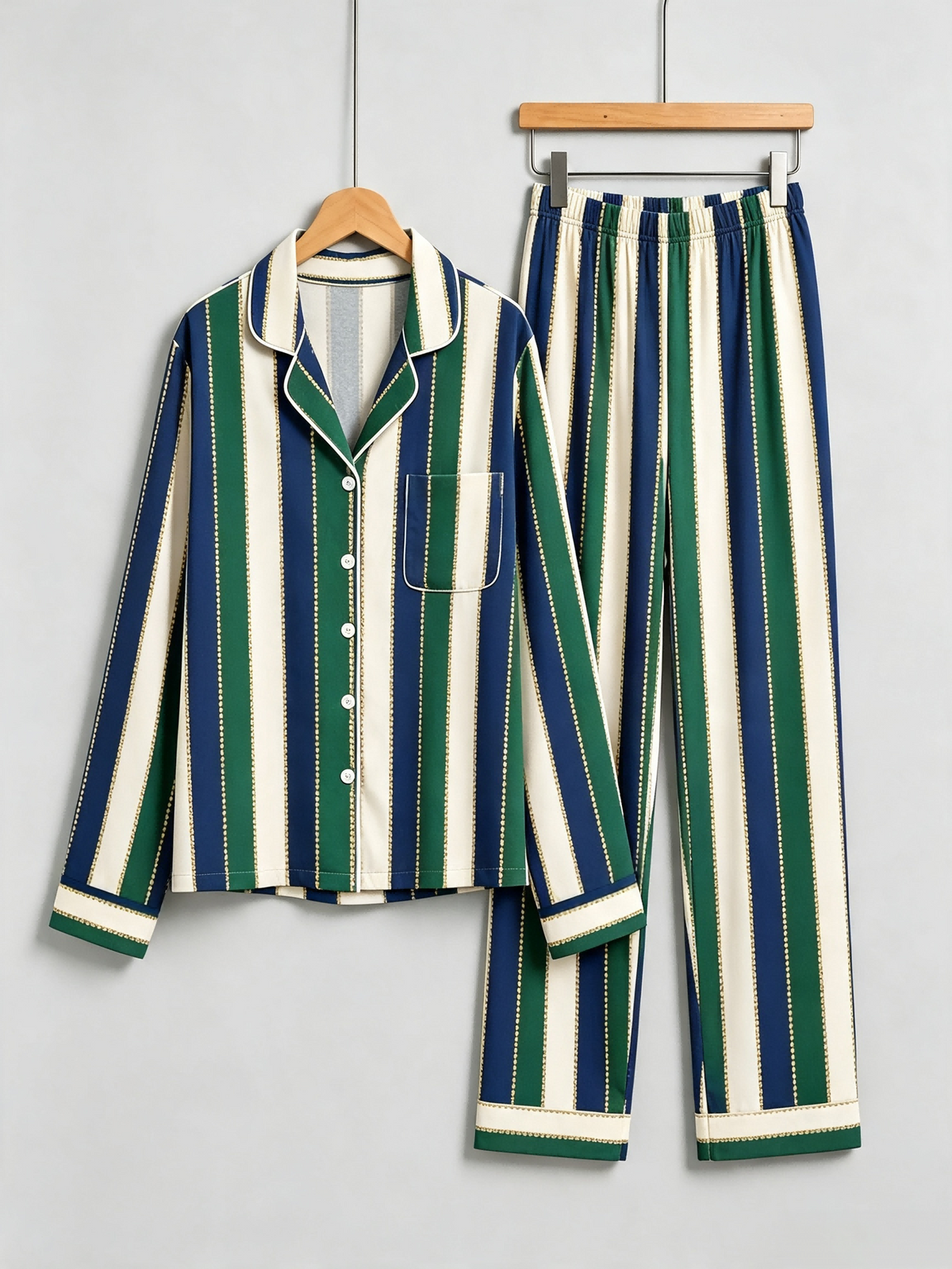 Matching Couple Pajamas - Navy Blue Forest Green Cream Striped Gold Line Button up Pajamas
