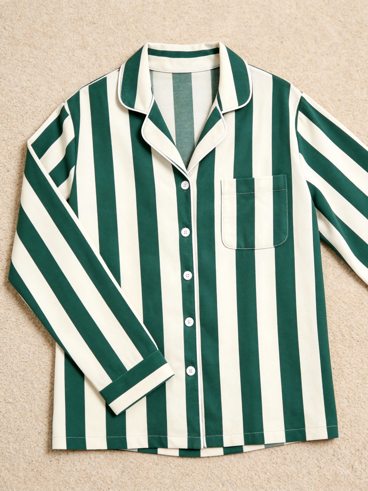 Matching Couple Pajamas - Dark Green & Off-White Wide Vertical Striped Button up Pajamas
