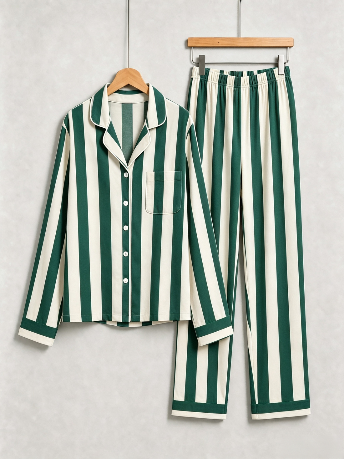 Matching Couple Pajamas - Dark Green & Off-White Wide Vertical Striped Button up Pajamas