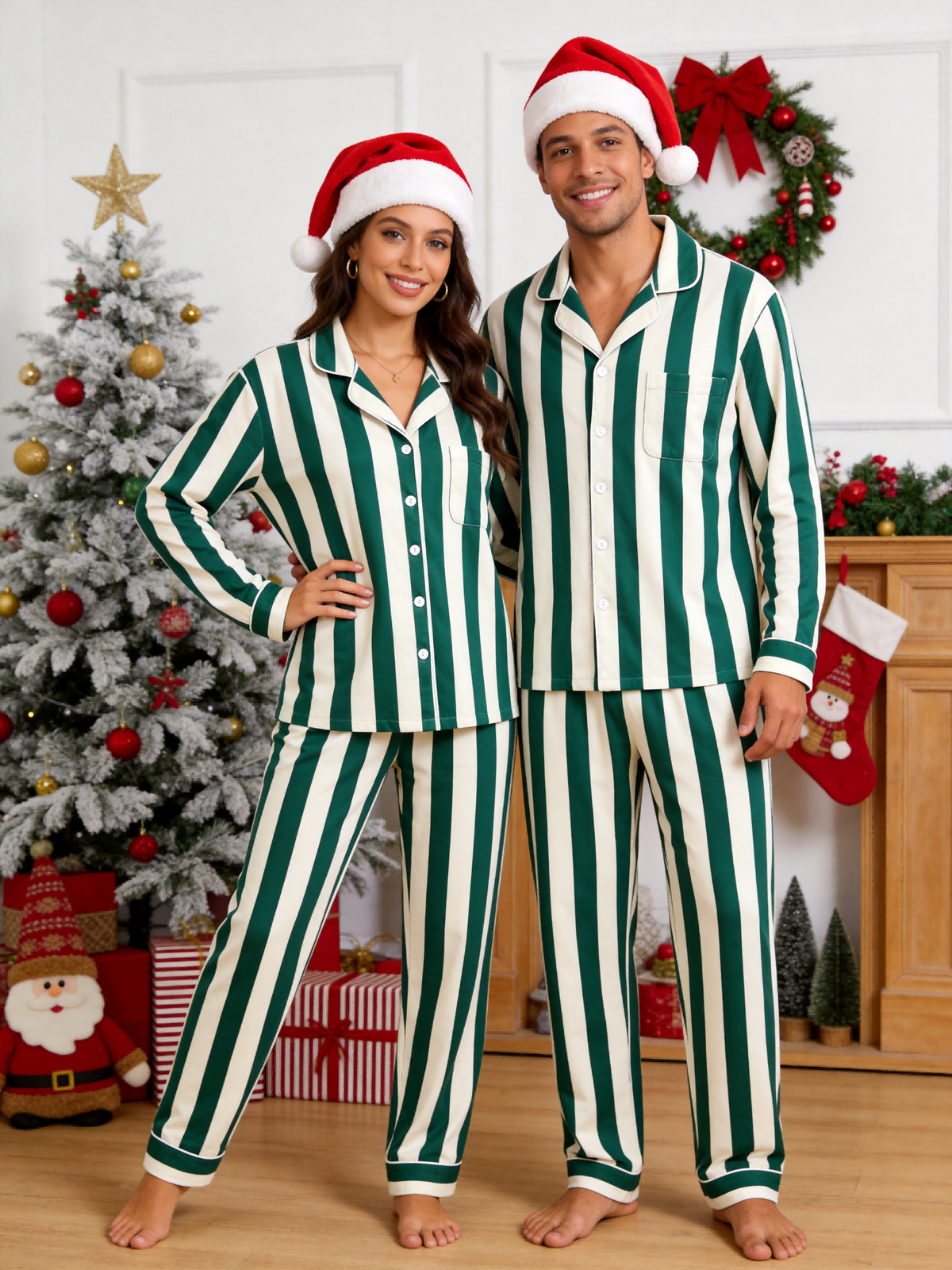 Matching Family Pajamas - Dark Green & Off-White Wide Vertical Striped Button up Pajamas
