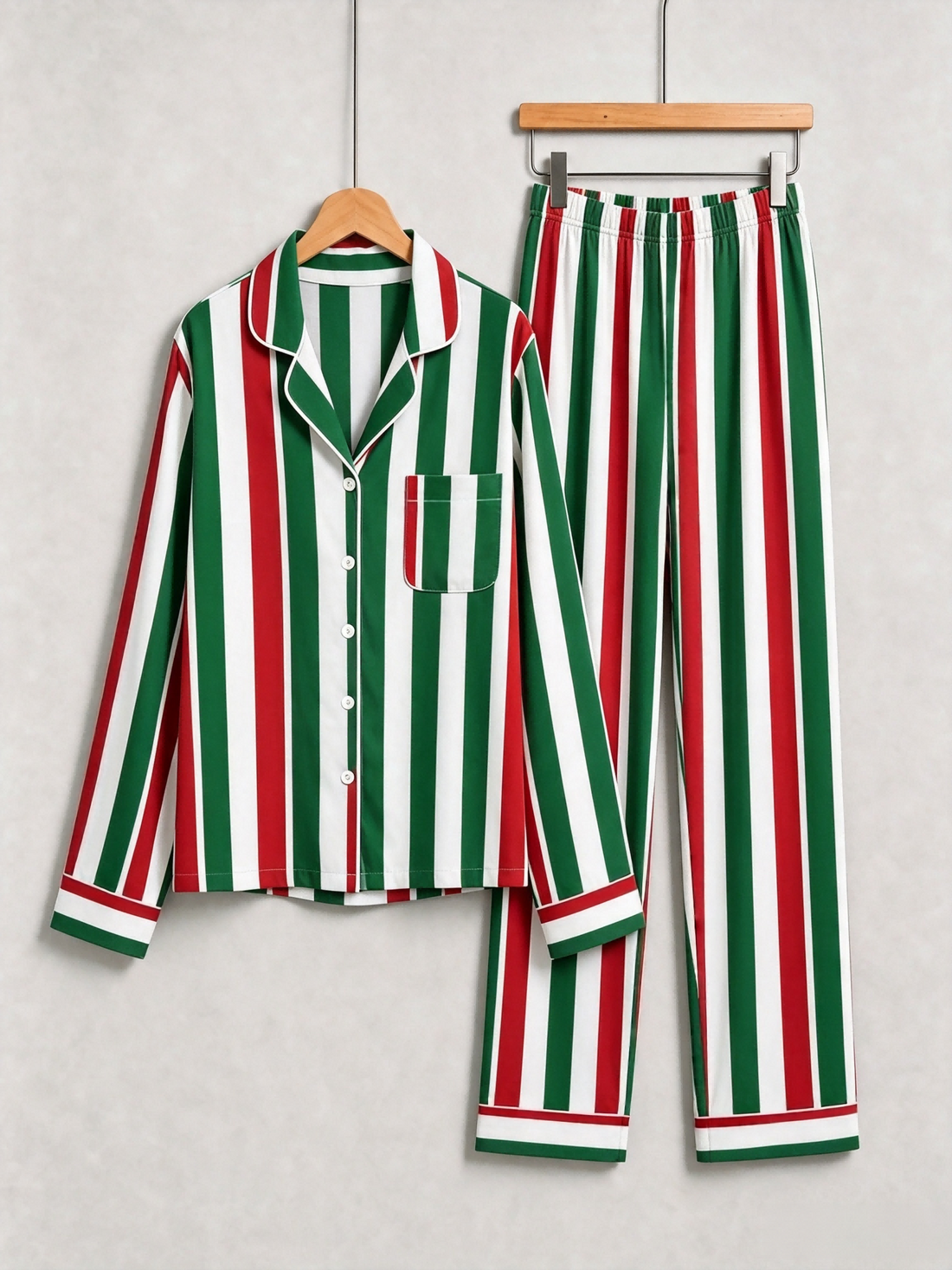 Matching Couple Pajamas - Red White & Green Tri-Color Striped Button up Pajamas Set