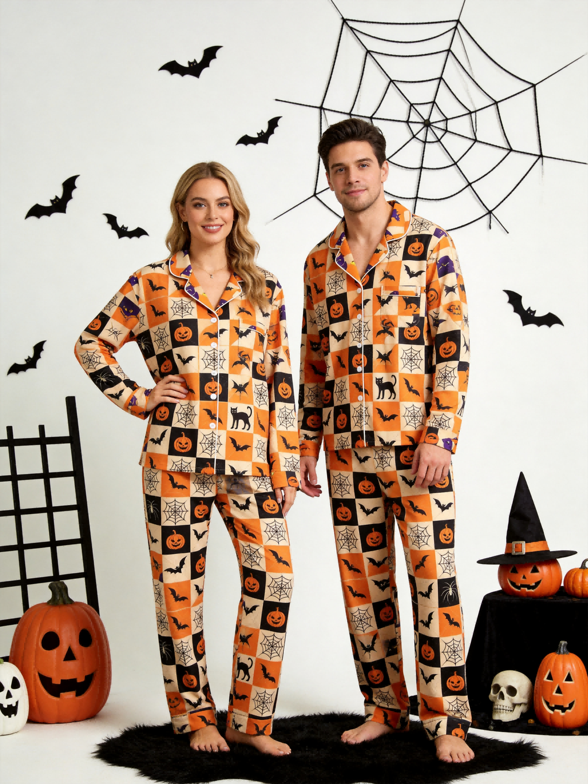 Matching Couple Halloween Pajamas - Orange & Black Checkered Pumpkin & Bat Button-Down Sleep Set