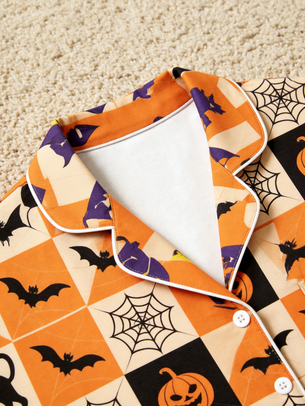 Matching Couple Halloween Pajamas - Orange & Black Checkered Pumpkin & Bat Button-Down Sleep Set