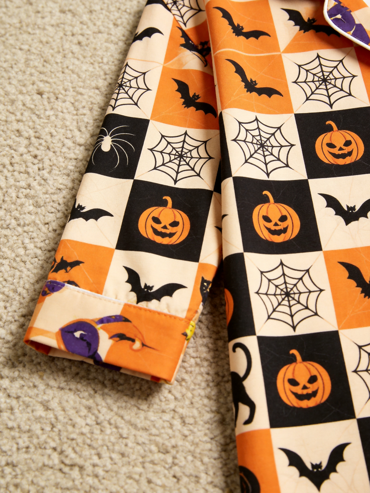 Matching Couple Halloween Pajamas - Orange & Black Checkered Pumpkin & Bat Button-Down Sleep Set