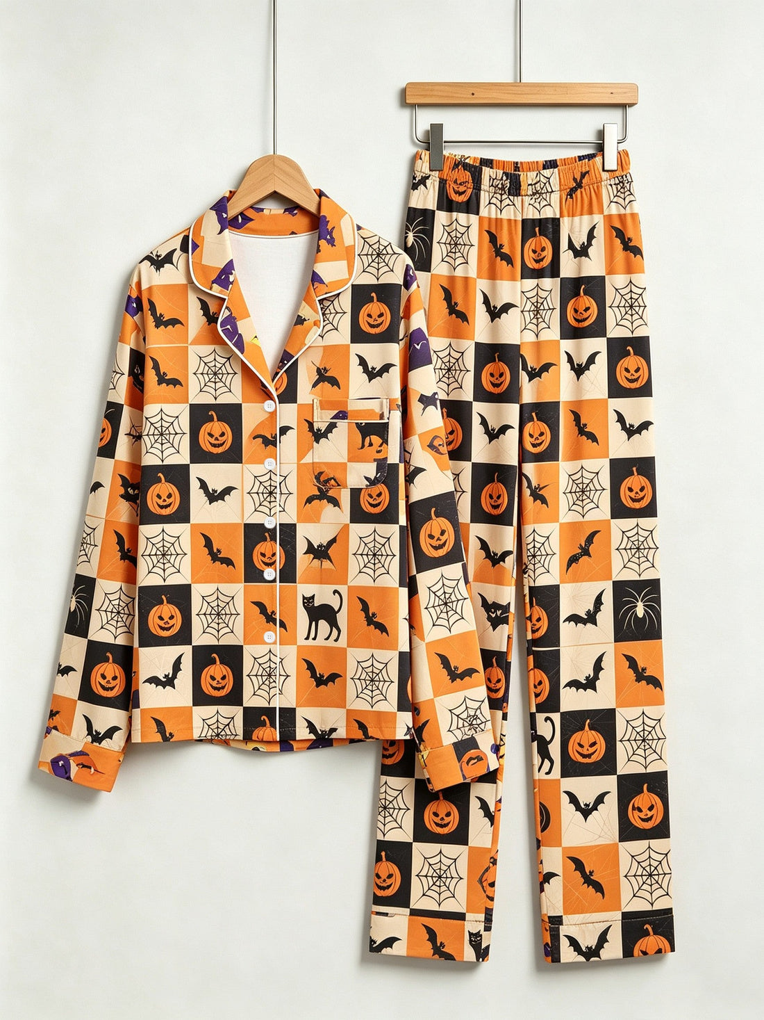 Matching Couple Halloween Pajamas - Orange & Black Checkered Pumpkin & Bat Button-Down Sleep Set