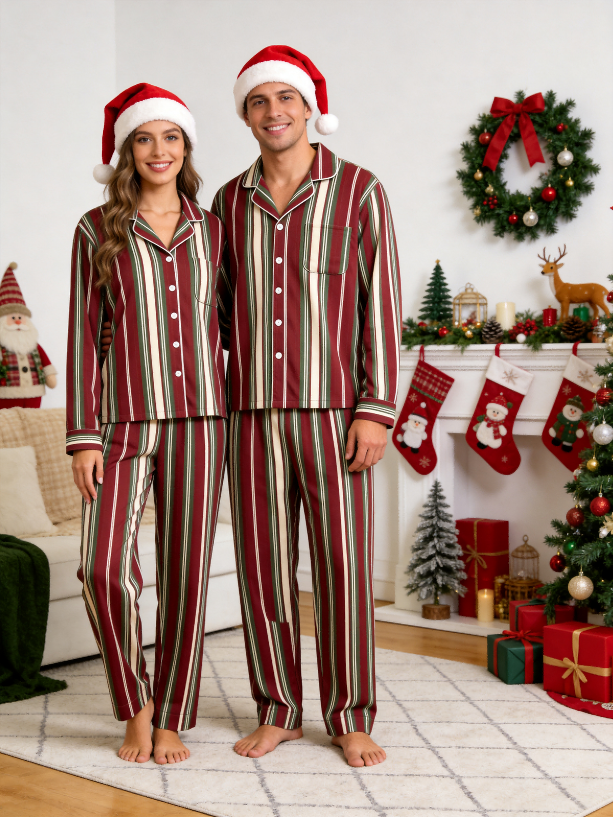 Matching Family Pajamas - Burgundy Forest Green Cream Vintage Striped Button up Pajamas